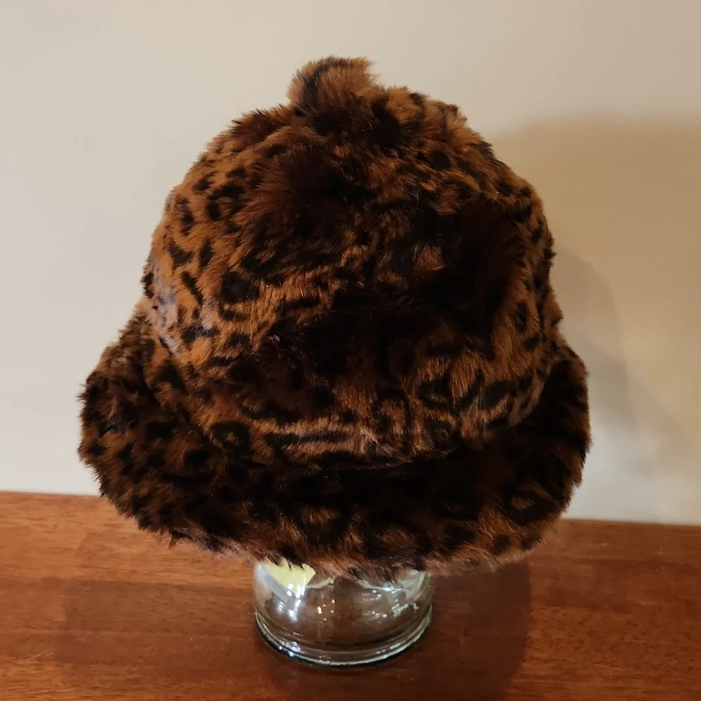 Kangol Brown Leopard Faux Fur Print Casual Bucket Hat